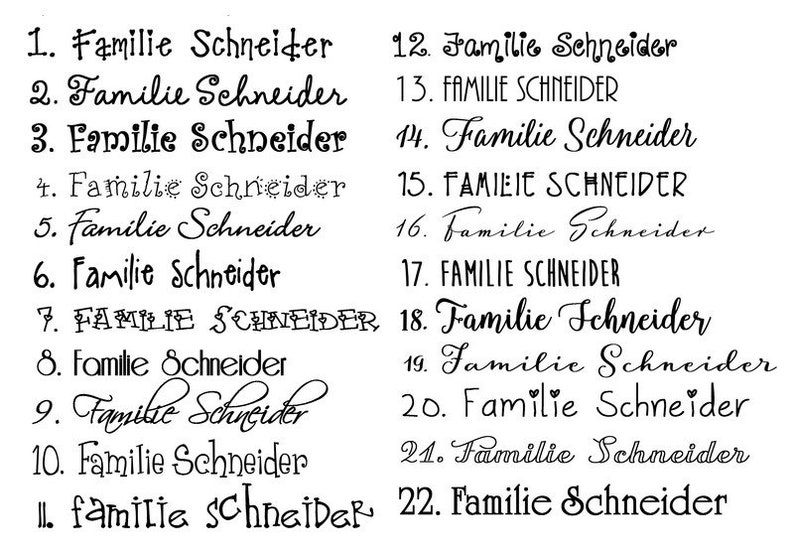 Schriftauswahltabelle für Türschild aus Holz für Paare mit Namen, Hochzeitsdatum und Brautpaar auf Fahrrad personalisiert.