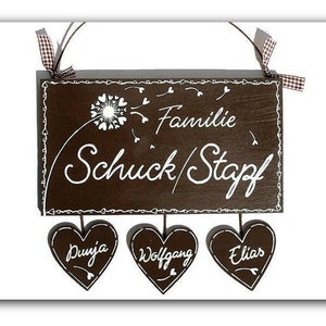 Türschild Familie aus Holz mit Namen personalisiert. Holzschild mit Herzanhänger, Familienschild handbemalt, Haustürschild mit Pusteblume. Holztürschild, Namensschild für Zuhause. Geschenk zu Hochzeit, Geburt, Umzug, Einzug, Weihnachten.