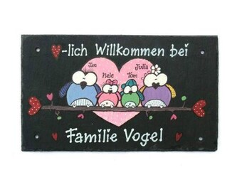 Türschild aus Schiefer für Familien personalisiert mit Namen und Eulen auf Ast. Wetterfestes Schieferschild, Haustürschild. Geschenk Umzug.