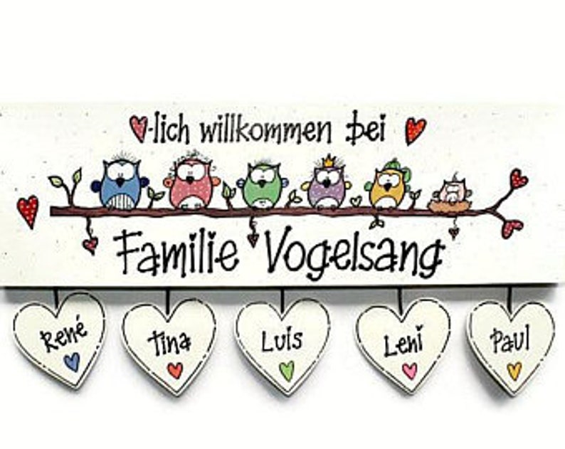 Türschild Familie aus Holz mit Namen personalisiert. Holzschild mit Herzanhänger, Familienschild handbemalt, Haustürschild mit Eulen. Holztürschild, Willkommensschild für Zuhause. Geschenk zu Hochzeit, Geburt, Umzug, Einzug, Weihnachten.