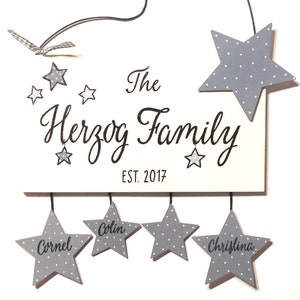 Türschild Familie aus Holz mit Namen personalisiert. Holzschild mit Sternen, Familienschild handbemalt, Haustürschild, Holztürschild für Zuhause. Willkommensschild mit Aufhängekordel. Geschenk zu Hochzeit, Geburt, Einzug, Muttertag, Weihnachten.