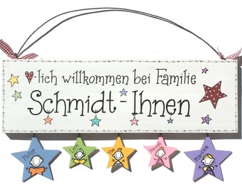 Holztürschild für die ganze Familie mit Namen personalisiert | Türschild mit Sternen | Familienschild Holz | originelles Geschenk