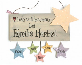 Holztürschild Familie mit Name personalisiert | Türschild mit Sternen | Familienschild Holz | Holzschild | Haustürschild | Familientürschild