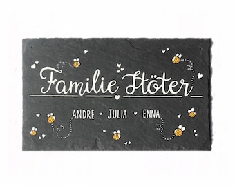 Türschild Schiefer Familie personalisiert | Schieferschild mit Bienen | Haustürschild mit Namen | Namensschild | Familienschild wetterfest