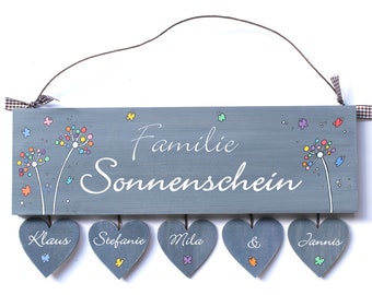 Haustürschild Pusteblume mit Namen der Familie personalisiert | Türschild Holz mit Herzanhänger | Holzschild | Namensschild | Familienschild
