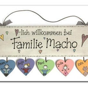 Türschild Familie aus Holz mit Namen personalisiert. Holzschild mit Herzanhänger, Familienschild handbemalt, Haustürschild mit Figuren. Holztürschild, Willkommensschild für Zuhause. Geschenk zu Hochzeit, Geburt, Umzug, Einzug, Weihnachten.