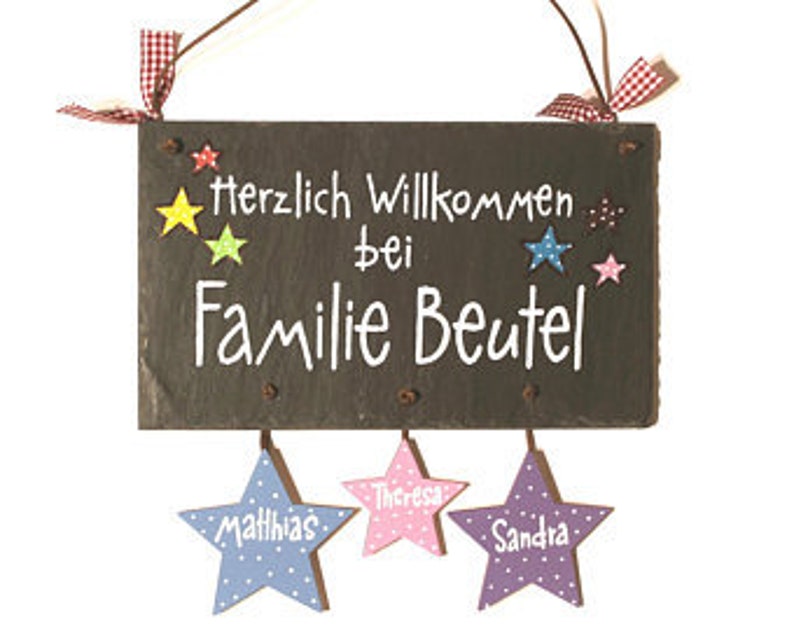 Türschild Familie aus Schiefer mit Namen personalisiert. Wetterfestes Schieferschild mit Sternanhänger. Namensschild, Haustürschild, Familienschild, Eingangsschild handbemalt. Individuelles Einzugsgeschenk oder Hochzeitsgeschenk.