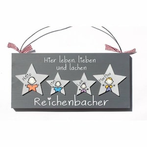 Türschild Familie aus Holz mit Namen personalisiert. Holzschild mit Sternen, Familienschild handbemalt, Haustürschild mit Figuren. Holztürschild, Willkommensschild für Zuhause. Geschenk zu Hochzeit, Geburt, Umzug, Einzug, Weihnachten.