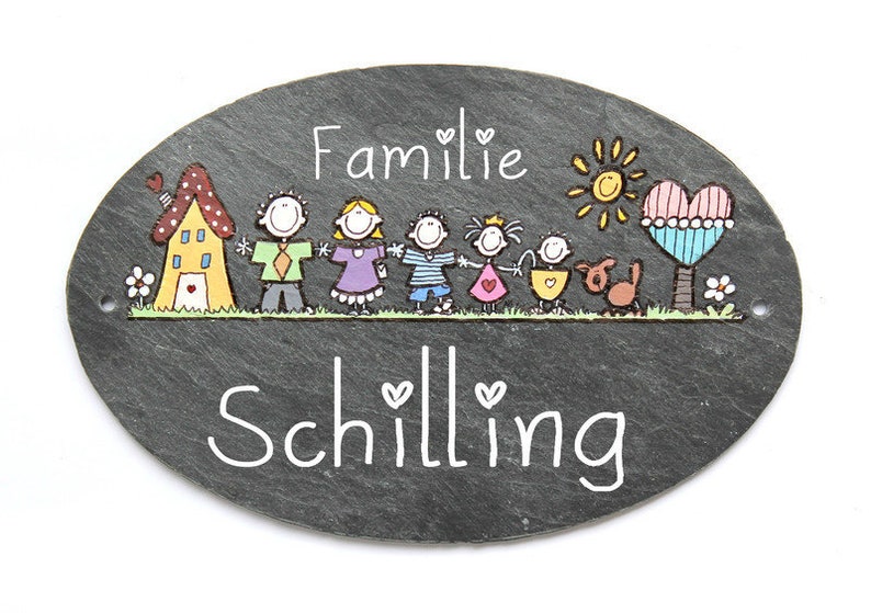 Ovales Türschild Familie aus Schiefer mit Name personalisiert. Wetterfestes Schieferschild mit Figuren. Namensschild, Haustürschild, Familienschild, Willkommensschild, Eingangsschild handbemalt. Individuelles Einzugsgeschenk oder Hochzeitsgeschenk.