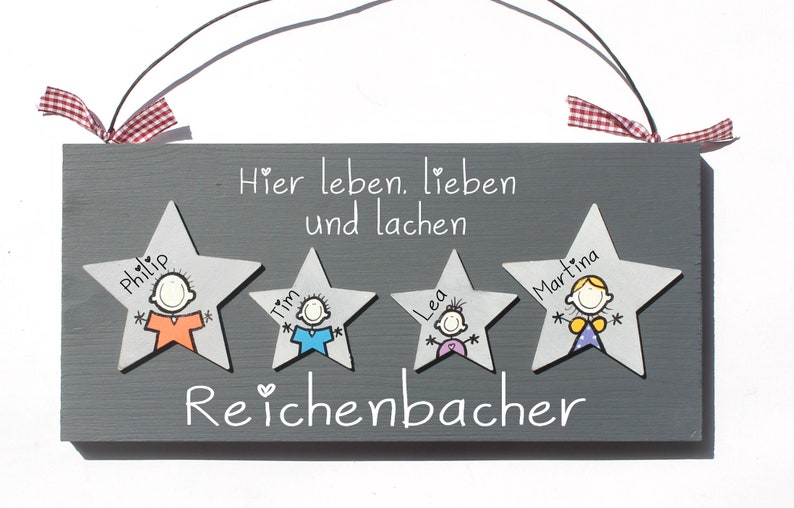 Türschild Familie aus Holz mit Namen personalisiert. Holzschild mit Sternen, Familienschild handbemalt, Haustürschild mit Figuren. Holztürschild, Willkommensschild für Zuhause. Geschenk zu Hochzeit, Geburt, Umzug, Einzug, Weihnachten.