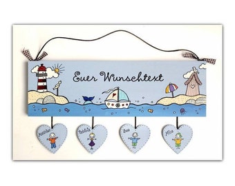 maritimes Türschild Familie mit Namen personalisiert | Familientürschild mit Herzanhänger | Holzschild | Familienschild aus Holz handbemalt