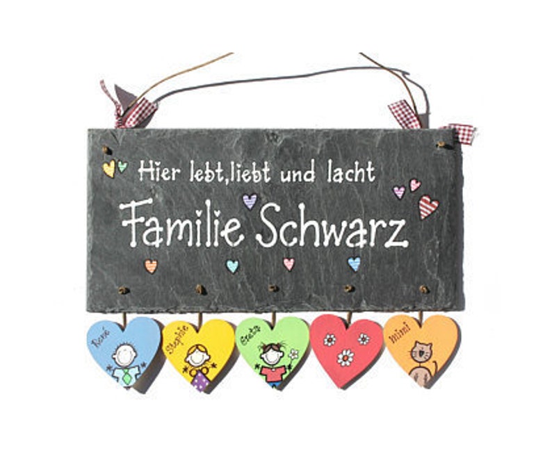 Türschild Familie aus Schiefer personalisiert mit Namen. Wetterfestes Schieferschild mit Herzanhänger und Figuren handbemalt. Namensschild, Haustürschild, Familienschild. Geschenk Hochzeit, Geburt, Umzug, Einzug, Geburtstag, Weihnachtsgeschenk.