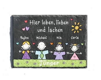 Türschild Schiefer personalisiert Comicfamilie II, Namensschild Familie, Familienschild, Haustürschild, Familientürschild, Eingangsschild