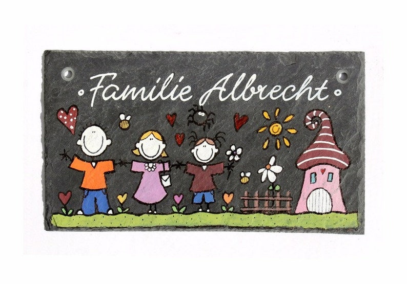 Türschild Familie aus Schiefer personalisiert mit Name. Wetterfestes Schieferschild, Namensschild mit Figuren. Haustürschild, Familienschild, Willkommensschild handbemalt. Geschenk Hochzeit, Geburt, Umzug, Einzug, Geburtstag, Weihnachtsgeschenk.