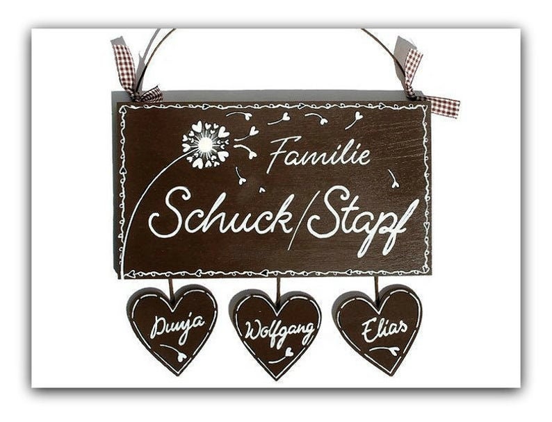 Türschild Familie aus Holz mit Namen personalisiert. Holzschild mit Herzanhänger, Familienschild handbemalt, Haustürschild mit Pusteblume. Holztürschild, Namensschild für Zuhause. Geschenk zu Hochzeit, Geburt, Umzug, Einzug, Weihnachten.