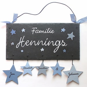 Türschild Familie aus Schiefer mit Namen personalisiert. Wetterfestes Schieferschild, Namensschild mit Sternanhänger. Haustürschild, Familienschild, Eingangsschild handbemalt. Individuelles Einzugsgeschenk oder Hochzeitsgeschenk.