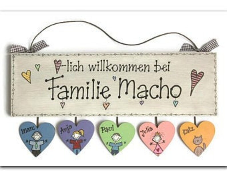 Türschild Familie aus Holz mit Namen personalisiert. Holzschild mit Herzanhänger, Familienschild handbemalt, Haustürschild mit Figuren. Holztürschild, Willkommensschild für Zuhause. Geschenk zu Hochzeit, Geburt, Umzug, Einzug, Weihnachten.