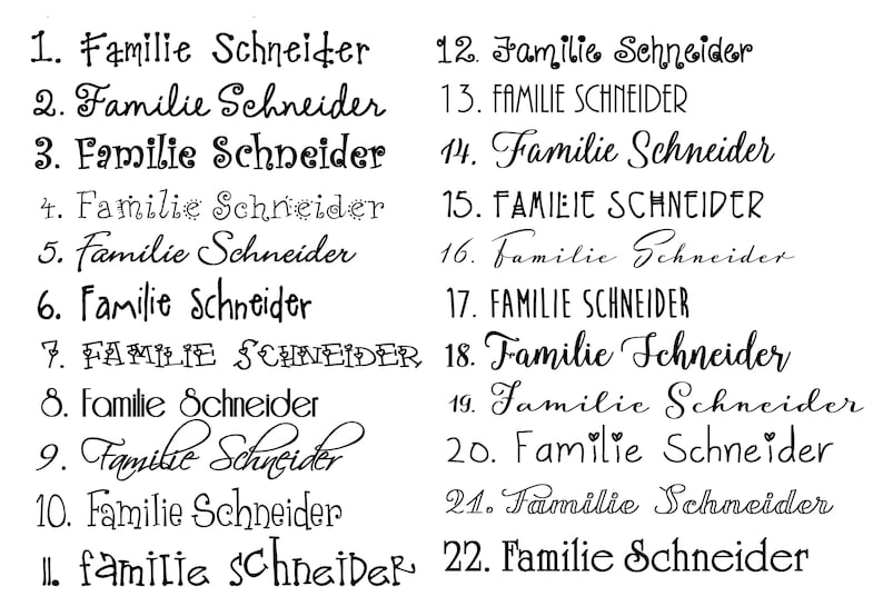Schriftauswahltabelle für Türschild Familie aus Schiefer mit Name personalisiert.