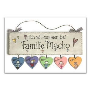 Türschild Familie aus Holz mit Namen personalisiert. Holzschild mit Herzanhänger, Familienschild handbemalt, Haustürschild mit Figuren. Holztürschild, Willkommensschild für Zuhause. Geschenk zu Hochzeit, Geburt, Umzug, Einzug, Weihnachten.