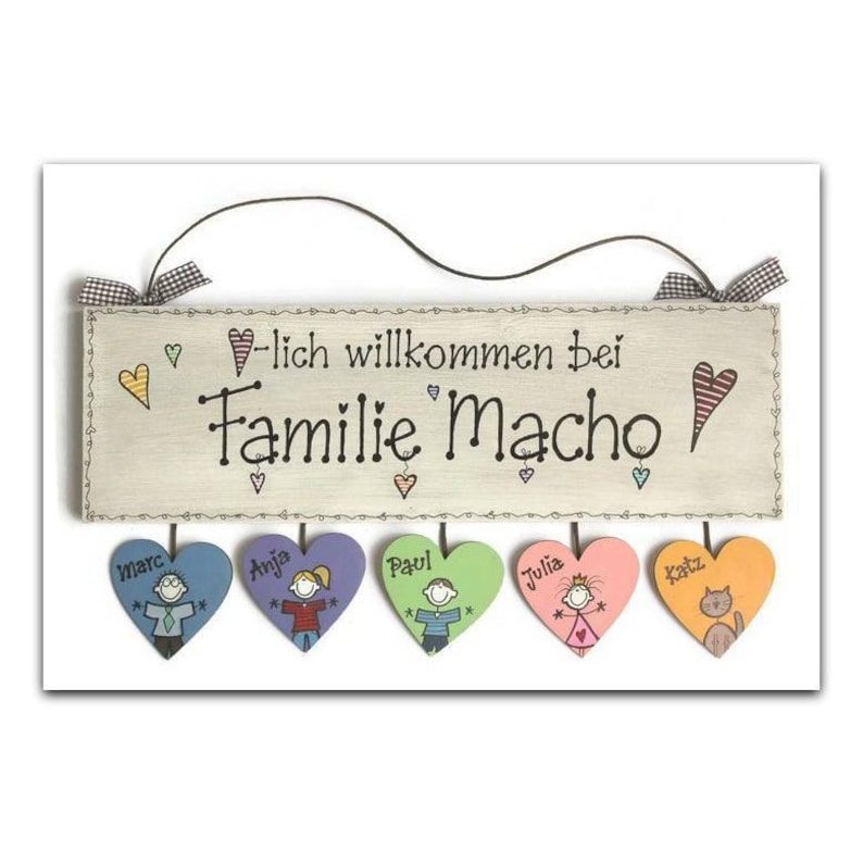 Türschild Familie aus Holz mit Namen personalisiert. Holzschild mit Herzanhänger, Familienschild handbemalt, Haustürschild mit Figuren. Holztürschild, Willkommensschild für Zuhause. Geschenk zu Hochzeit, Geburt, Umzug, Einzug, Weihnachten.