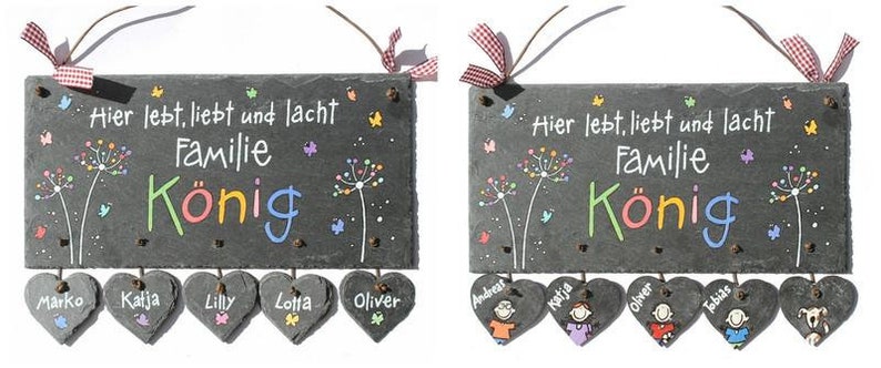 Türschild Familie aus Schiefer personalisiert mit Namen. Wetterfestes Schieferschild mit Pusteblumen und Schmetterlinge. Namensschild, Haustürschild, Familienschild handbemalt. Geschenk Hochzeit, Geburt, Einzug, Geburtstag, Weihnachtsgeschenk.