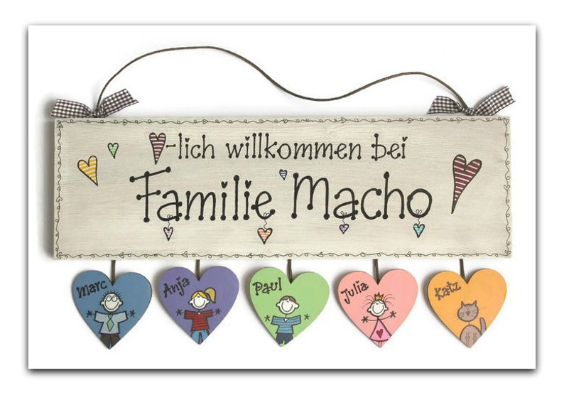 Türschild Familie aus Holz mit Namen personalisiert. Holzschild mit Herzanhänger, Familienschild handbemalt, Haustürschild mit Figuren. Holztürschild, Willkommensschild für Zuhause. Geschenk zu Hochzeit, Geburt, Umzug, Einzug, Weihnachten.