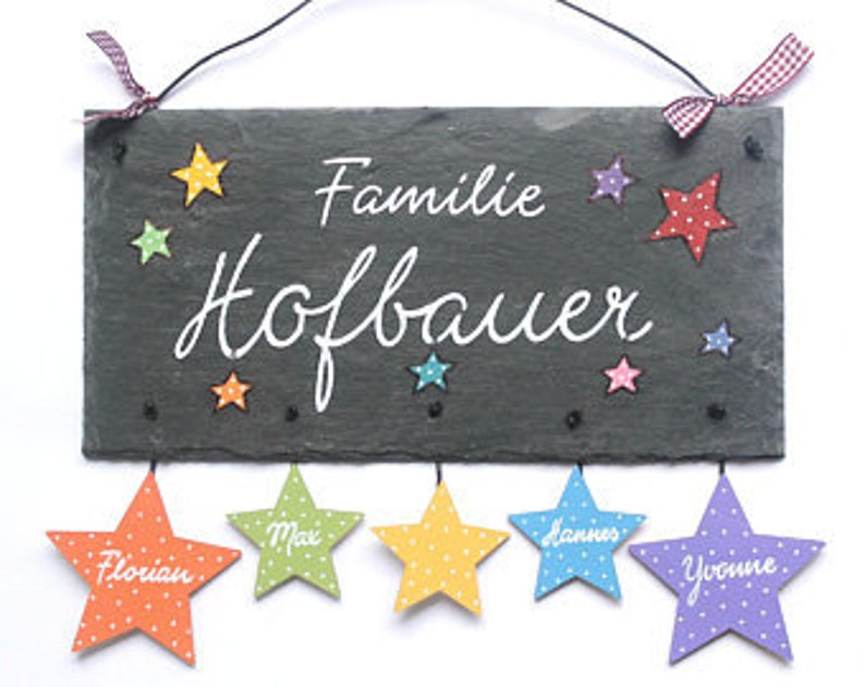 Türschild Familie aus Schiefer mit Namen personalisiert. Wetterfestes Schieferschild, Namensschild mit Sternanhänger. Haustürschild, Familienschild, Eingangsschild handbemalt. Individuelles Einzugsgeschenk oder Hochzeitsgeschenk.