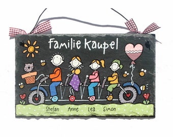 individuell personalisiertes Türschild Schiefer Familie auf Fahrrad, Schieferschild mit Namen, Familienschild, Willkommensschild Haustür
