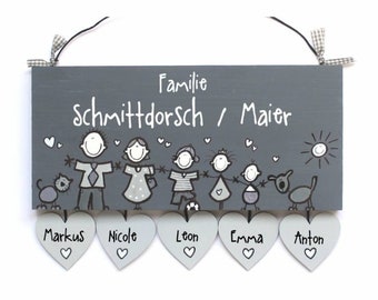 graues Türschild Familie aus Holz mit Namen und Figuren personalisiert, Holzschild, Holztürschild, Namensschild,  Familienschild, Geschenk