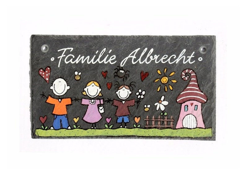 Türschild Familie aus Schiefer personalisiert mit Name. Wetterfestes Schieferschild, Namensschild mit Figuren. Haustürschild, Familienschild, Willkommensschild handbemalt. Geschenk Hochzeit, Geburt, Umzug, Einzug, Geburtstag, Weihnachtsgeschenk.