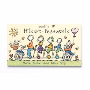 Türschild Familie aus Holz mit Namen personalisiert. Holzschild mit Fahrrad, Familienschild handbemalt, Haustürschild mit Figuren. Holztürschild, Willkommensschild für Zuhause. Geschenk zu Hochzeit, Geburt, Umzug, Einzug, Weihnachten.