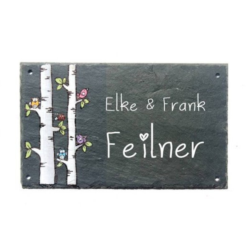 Türschild Familie aus Schiefer personalisiert mit Namen. Wetterfestes Schieferschild, Namensschild Birkenstamm. Haustürschild, Familienschild, Willkommensschild handbemalt. Geschenk Hochzeit, Geburt, Umzug, Einzug, Geburtstag, Weihnachtsgeschenk.