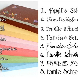 Schriftauswahltabelle für Türschild aus Holz für Familien.