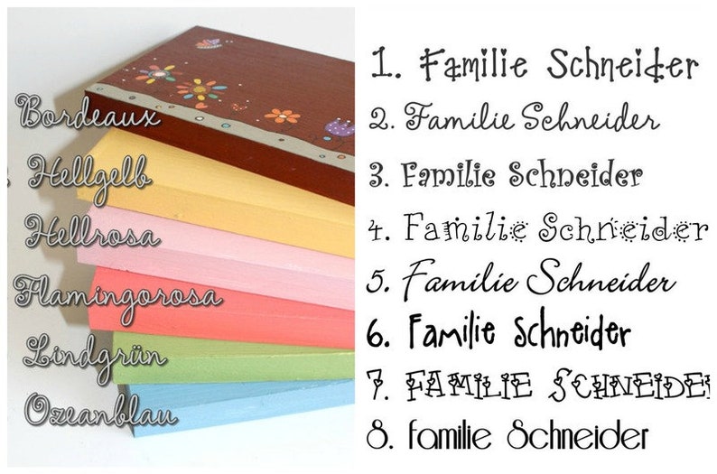 Schriftauswahltabelle für Türschild aus Holz für Familien.