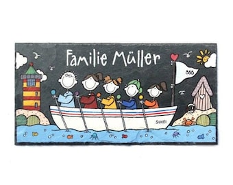 Türschild Familie aus Schiefer mit Namen personalisiert | Schieferschild maritim | Familienschild mit Boot | Haustürschild | Namensschild