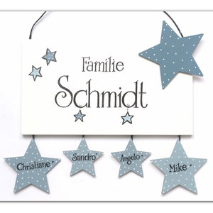 Türschild Familie aus Holz mit Namen personalisiert. Holzschild mit Sternen, Familienschild handbemalt, Haustürschild, Holztürschild für Zuhause. Willkommensschild mit Aufhängekordel. Geschenk zu Hochzeit, Geburt, Einzug, Muttertag, Weihnachten.