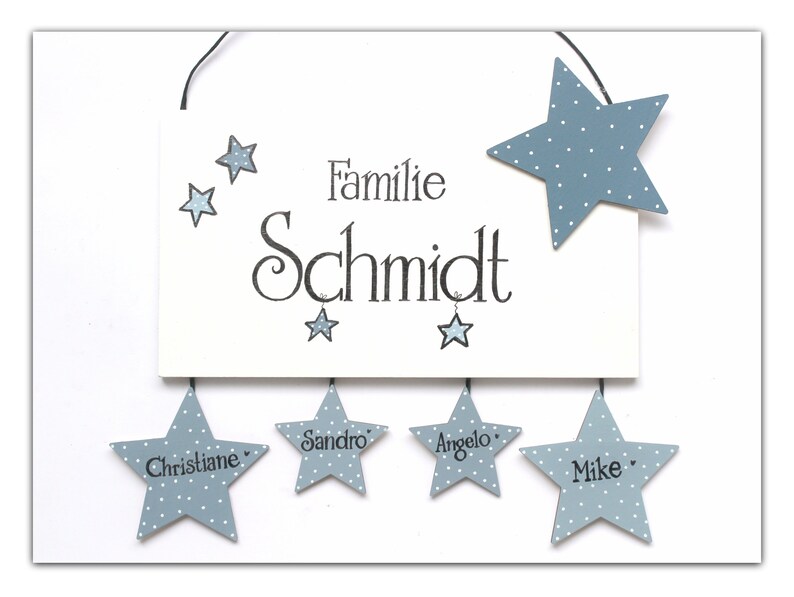 Türschild Familie aus Holz mit Namen personalisiert. Holzschild mit Sternen, Familienschild handbemalt, Haustürschild, Holztürschild für Zuhause. Willkommensschild mit Aufhängekordel. Geschenk zu Hochzeit, Geburt, Einzug, Muttertag, Weihnachten.