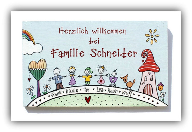 Türschild Familie aus Holz mit Namen personalisiert. Holzschild, Namensschild handbemalt. Haustürschild mit Figuren, Familienschild mit Aufhängekordel. Eingangsschild für das Zuhause. Individuelles Einzugsgeschenk / Hochzeitsgeschenk.