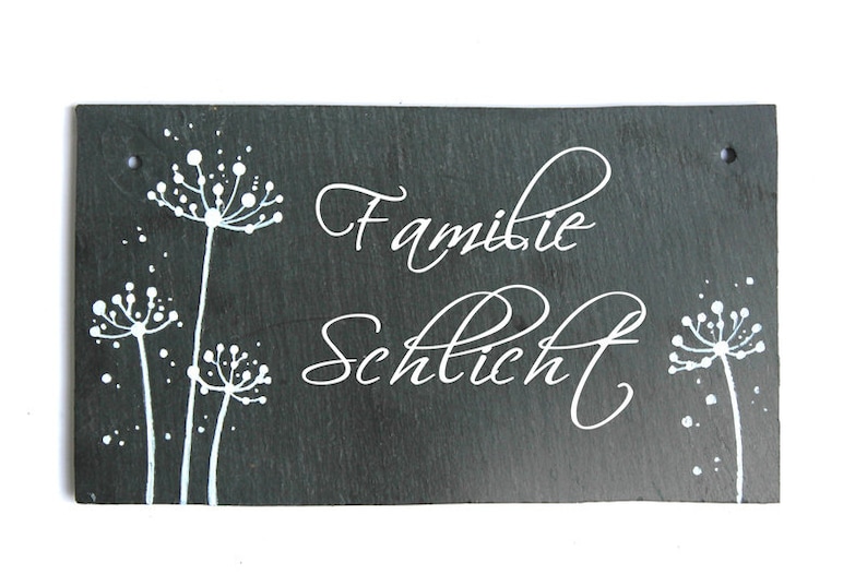 Türschild Familie aus Schiefer personalisiert mit Namen. Wetterfestes Schieferschild Pusteblumen. Namensschild, Haustürschild, Familienschild, Willkommensschild handbemalt. Geschenk Hochzeit, Geburt, Umzug, Einzug, Geburtstag, Weihnachtsgeschenk.