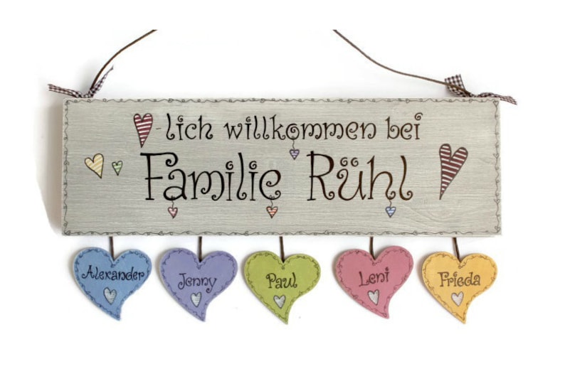 Türschild Familie aus Holz mit Namen personalisiert. Holzschild, Familienschild handbemalt, Haustürschild, Holztürschild für Zuhause. Willkommensschild mit Aufhängekordel. Geschenk zu Hochzeit, Geburt, Umzug, Einzug, Muttertag, Weihnachten.