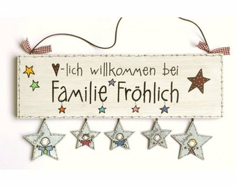 Türschild Holz für die Familie mit Namen personalisiert, Willkommensschild mit Sternanhänger, Haustürschild, Namensschild, Familientürschild