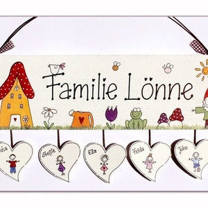 Türschild Familie aus Holz mit Namen personalisiert. Holzschild, Namensschild handbemalt. Haustürschild mit Figuren, Familienschild, Willkommensschild mit Herzanhänger. Eingangsschild für das Zuhause. Einzugsgeschenk / Hochzeitsgeschenk.