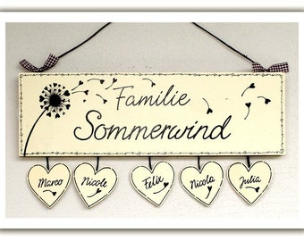 personalisiertes Türschild Namensschild Pusteblume mit Namen und Herzanhänger | Holzschild Familie | Familienschild Holz | Familientürschild