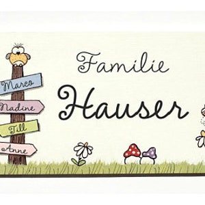 Türschild Familie aus Holz mit Namen personalisiert. Holzschild mit Wegweiser, Familienschild handbemalt, Haustürschild mit Vornamen. Holztürschild, Namensschild für Zuhause. Geschenk zu Hochzeit, Geburt, Umzug, Einzug, Weihnachten.