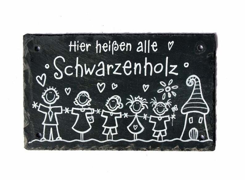 Türschild Familie aus Schiefer mit Namen personalisiert. Wetterfestes Schieferschild mit Figuren. Namensschild, Haustürschild, Familienschild, Willkommensschild, Eingangsschild handbemalt. Individuelles Einzugsgeschenk oder Hochzeitsgeschenk.