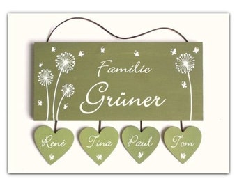 Türschild Familie mit Namen personalisiert | Haustürschild aus Holz mit Herzanhängern | Holzschild Pusteblume | Familienschild | Geschenk