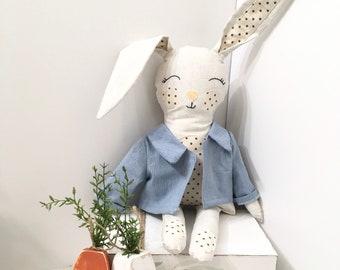 Stuffed Rabbit with blue jacket Bunny ~ cloth rag doll ~ rabbit plush toy, baby shower gift, baby nursery decoration