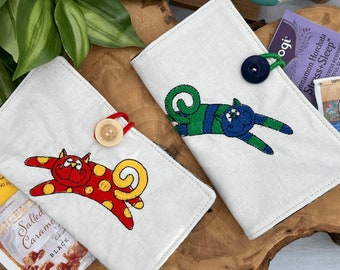 Tea wallet Tea bag organizer fabric Zen cat embroidery tea lovers gift tea party gift cat lovers gift 50th birthday gift