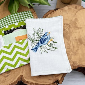 Organizador de bolsas de té bordado de pájaro azul, billetera de bolsas de té, regalo para amantes del té, regalo de fiesta de té, regalo para amantes de las aves, regalo de cumpleaños número 50