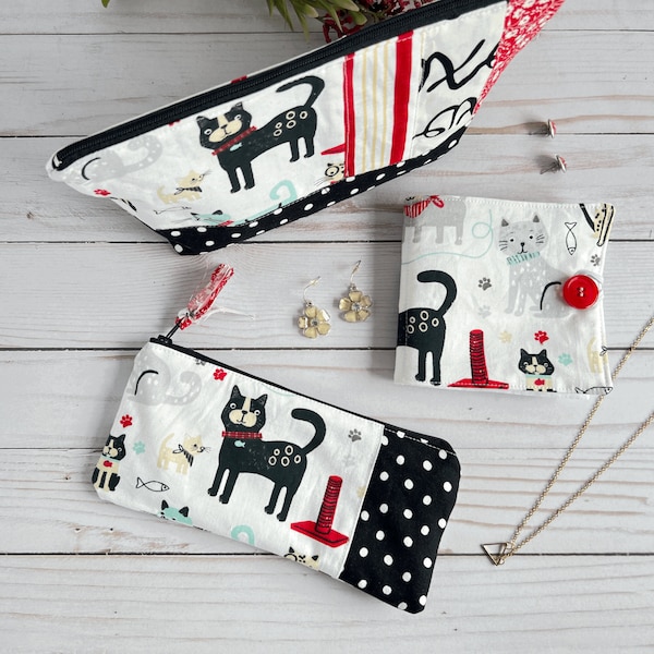 Black Cat zipper pouch, cat pencil pouch, travel toiletry bag, dice bag, cute cat lover gift, college student gift, privacy pouch